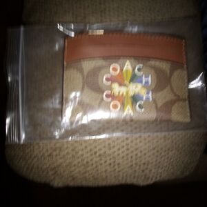 NWOT Tan and Brown Card Holder with Colorful Coach Logo